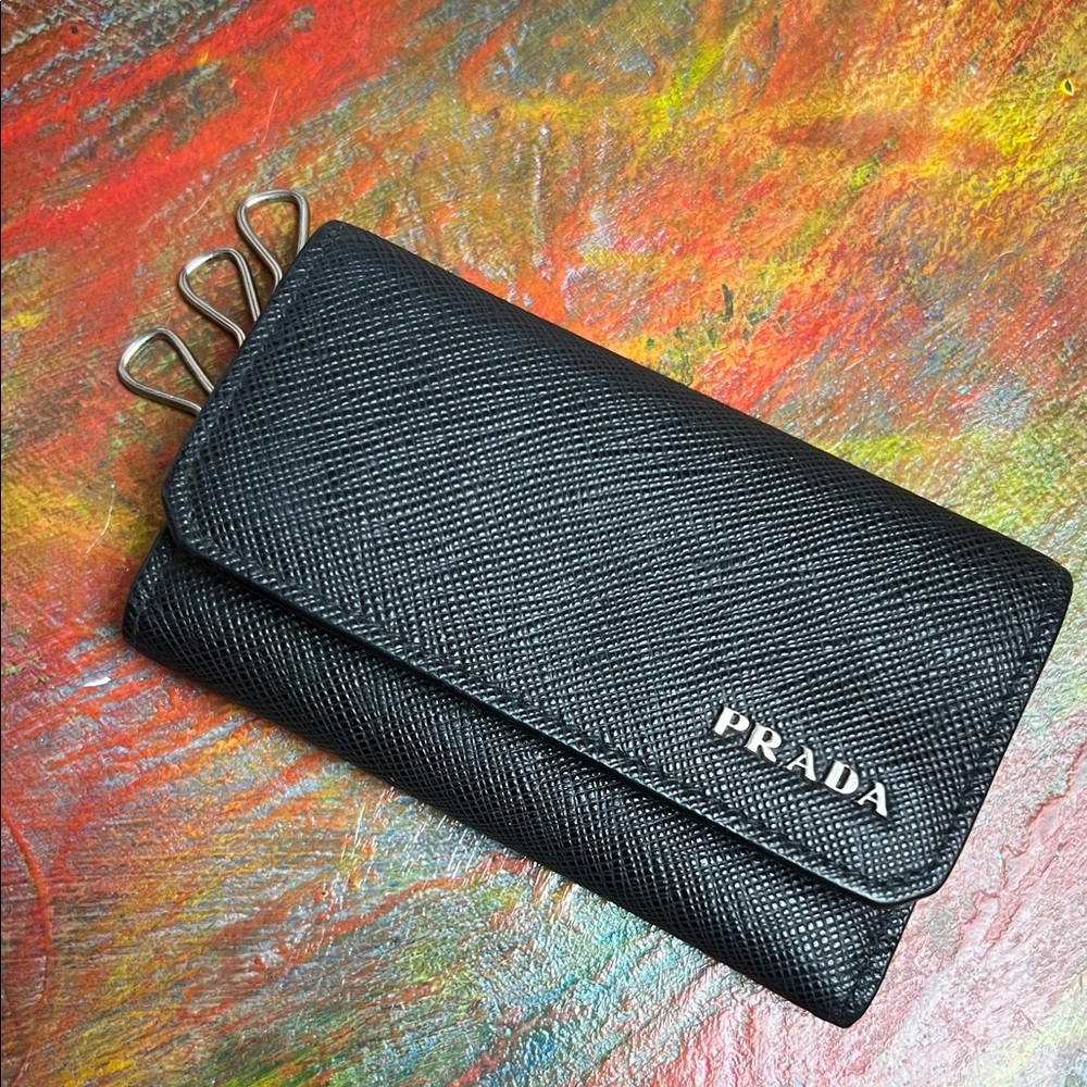 PRADA Leather Ring Key Case Wallet BlackTextured SilverTone Hardware Logo Auth.